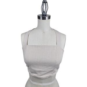 Lulus Halter Crop Top S Beige Linen Cotton Open Back Tie Beach Coastal Vacation